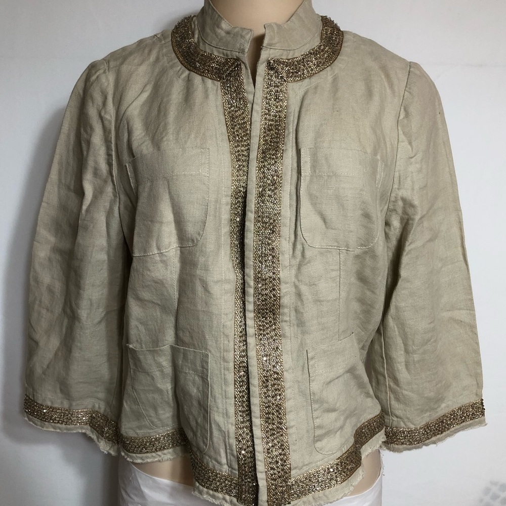 NWT CHICO’s Women’s Open Front Metallic TrimJacket New Khaki 100% Linen SZ 0